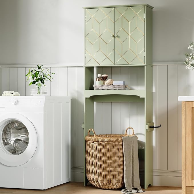 Gold Trim Over The Toilet Storage Cabinet, Double Doors Over Toilet Bathroom Organizer with Adjustable Shelves and Toilet Paper Holder, Modern Over Toilet Storage Cabinet for Bathroom (Green)