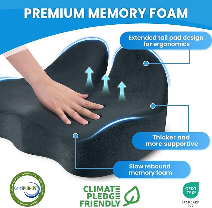 CushZone Seat Cushion, Memory Foam Office Chair Seat Cushion for Office Chairs/Car/Long Trip/Desk Chair/Gaming, Large Size for Sciatica & Hip & Tailbone Pain Relief, Sciatica Support (Deep Green)