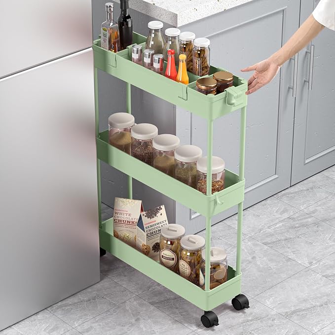 SPACELEAD Slim Storage Cart 3 Tier,Bathroom Organizer Rolling Utility,Mobile Shelving Unit Slide Out for Office, Kitchen, Laundry Room & Narrow Places，Green