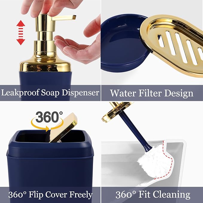 XLHOMO Bathroom Set - Blue and Gold Bathroom Accessories, Bathroom Sets with Shower Curtain and Rugs, Navy Blue Shower Curtain Set with Bathroom Trash Can, Soap Dispenser, Soap Dish for Home Decor
