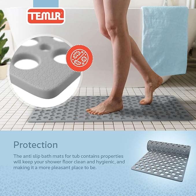 TEMIR Non Slip Bathtub Mat for Shower — Anti Skid Safety Mat with Strong Suction Cups, Quick Drain Holes, Machine Washable, Soft Bathroom Mat for Elderly & Kids, 30x17 in (75x43 cm) Gray