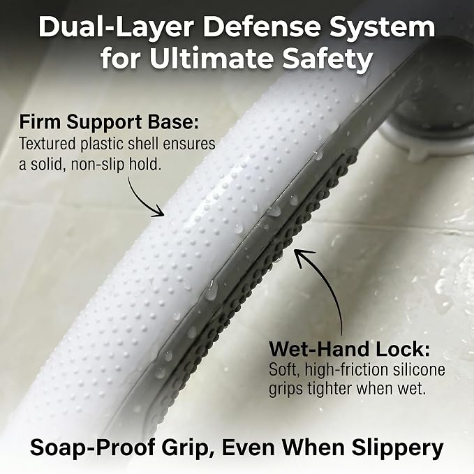 Shower Grab Bars for Seniors, Upgraded Bar with Powerful Suction, 15.8in Shower Handles for Elderly Suction, Removable Bathroom Handles for Elderly, Shower Safety Bars for Seniors on Smooth Surfaces