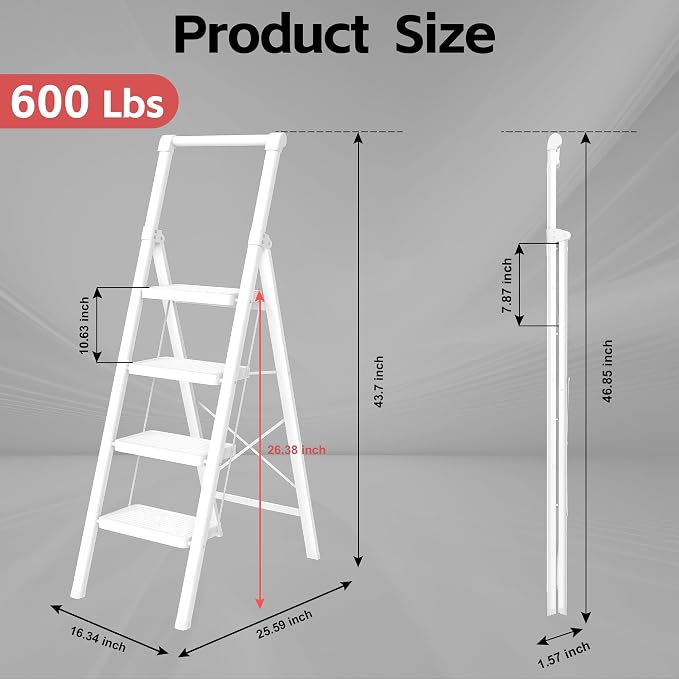 Foldable Step Ladder Stool for Home,4 Step Stool with Wide Anti-Slip Pedal, Heavy Duty 600Lbs Ladder for Indoor Kitchen Closet Stair Use, White