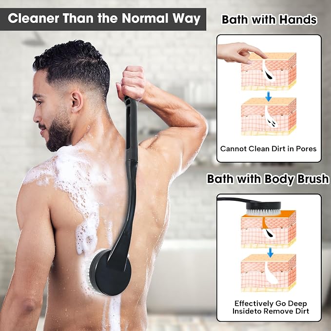 Gobiteli Back Scrubber for Shower,20.5" Long Handle Shower Brush for Body for Deep Clean,Back Brush for Shower for Men Women(Black)