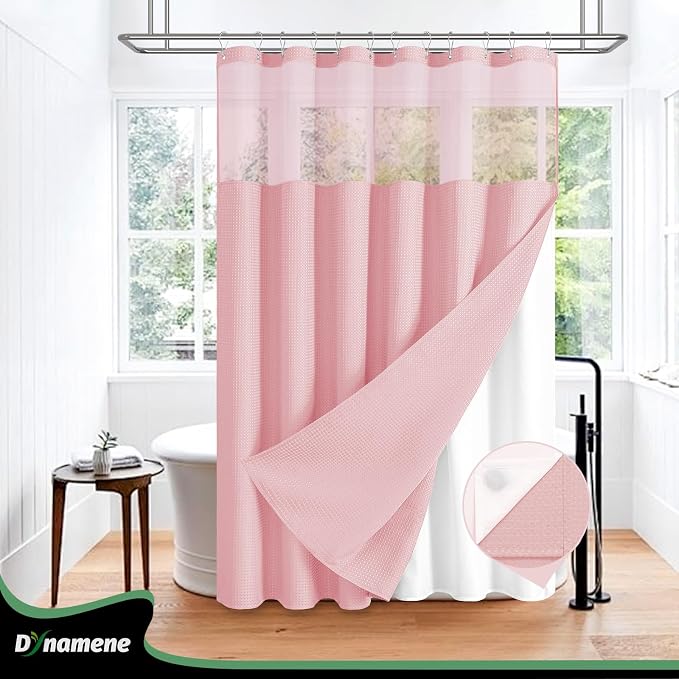 Dynamene Extra Long Shower Curtain, 84 Inch Long Waffle Fabric Shower Curtain for Bathroom, Tall Waterproof Cloth Shower Curtain Liner Set with Hook, Snap in Liner, Mesh Top Window, Pink, 72x84