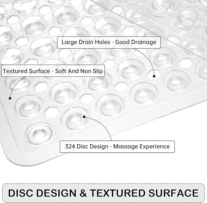 Non-Slip Bathtub and Shower Mats, Power Grip Bath Mat 35 x 16.3 Inch with Suction Cups and Drain Holes for Tub Bathroom Floor Safety, Machine Washable Soft Bathmat, Clear