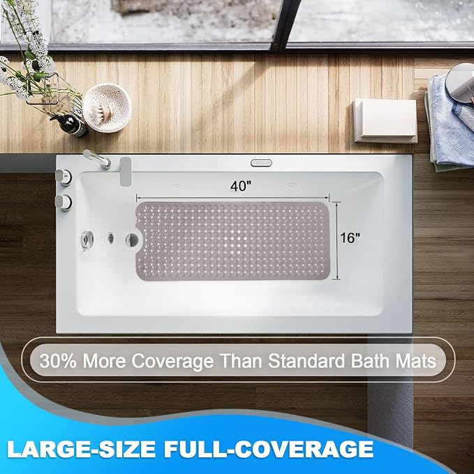 Bathtub and Shower Mats, 40x16 Inch Extra Large Non Slip Soft Bath Tub Mat with Suction Cups and Drain Holes for Bathroom Floor and Keep Tubs Clean, Machine Washable, Tan