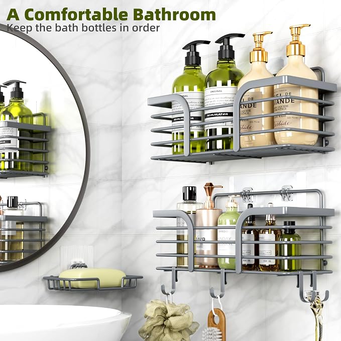 Yougai Shower Caddy, Shower Organizer with Soap Holder and Hooks, Rustproof Shower Shelves, No Drilling Bathroom Organizers and Storage, Wall-Mounted Kitchen & Home Decor (Dark Gray)