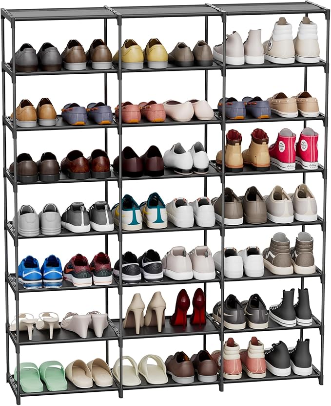 SMILHELTD Large Shoe Rack 3 Row 8 Tier for Entryway Organizer 48 Pairs, Tiered Sneaker Shelves with Dust-Proof Mats, Space Saving Storage for Garage Closet, DIY Assembly, 49.2" W x 50.8" H