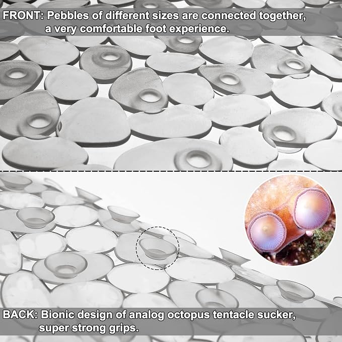 TEESHLY Bath Tub and Shower Mats, Non-Slip Pebble 35 x 16 Inches Machine Washable Bathtub Mat with Drain Holes, Suction Cups for Bathroom (Clear Grey)