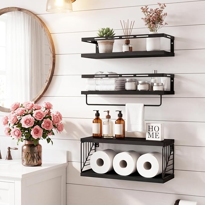 Fixwal Wall Mounted Bathroom Shelves Over Toilet, Rustic Wood Floating Shelves with Metal Frame and Towel Bar for Bathroom, Kitchen, Bedroom, Living Room (3 Plus 1 Black)
