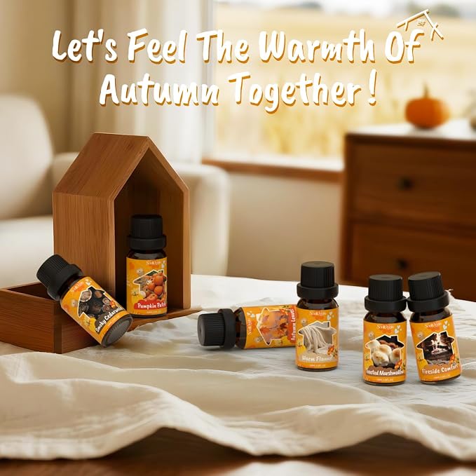 Soulorigin Fall Cozy Cabin Fragrance Oils Set, Essential Oil for Diffuser, Use for Soap Candle Making-Smoky Cedar Wood, Roasted Marshmallows, Autumn Leaves, Warm Flannel, Fireplace Time, Pumpkin Patch