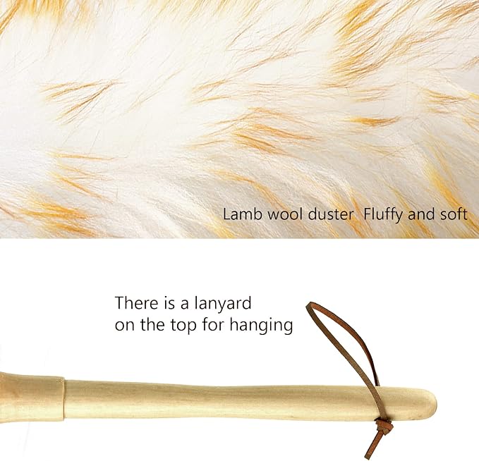 Lambswool Duster 14'' Length Solid Wooden Handle Leather Hang Strap for Cleaning Ceiling Fans Window Blinds Computer Furniture Figurines TV Natural Feather Duster,Yellow+White