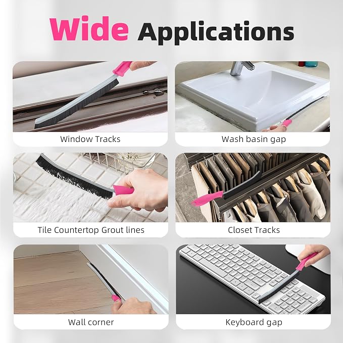 FOOGWEE Hard Bristle Crevice Cleaning Brush - Cleaning Supplies - Grout Cleaning Brushes for Household Use - Crevice Cleaning Tool for Bathroom, Home and Kitchen (3, Rose)