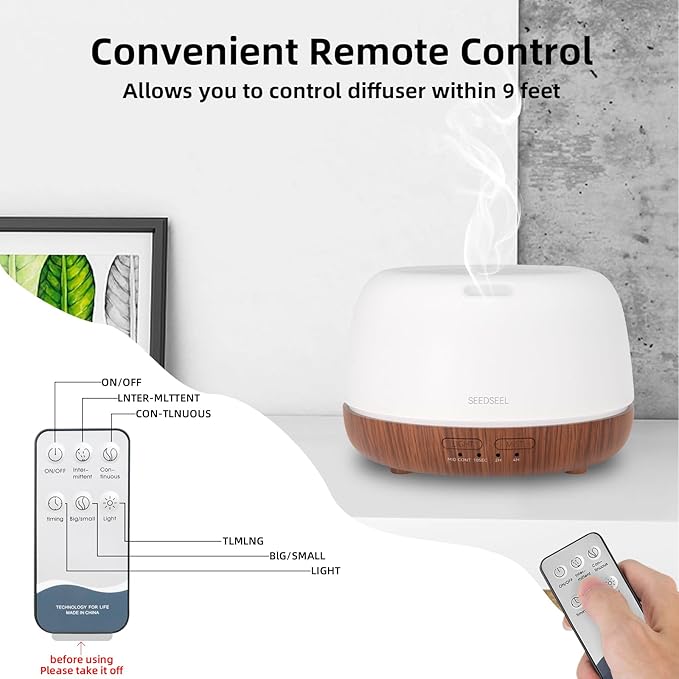 SEEDSEEL 300ML Essential Oil Diffuser, Mini Aromatherapy Diffuser with Remote Control, 7 Color Changing LED Light, 4 Timer for Bedroom, Room, Office