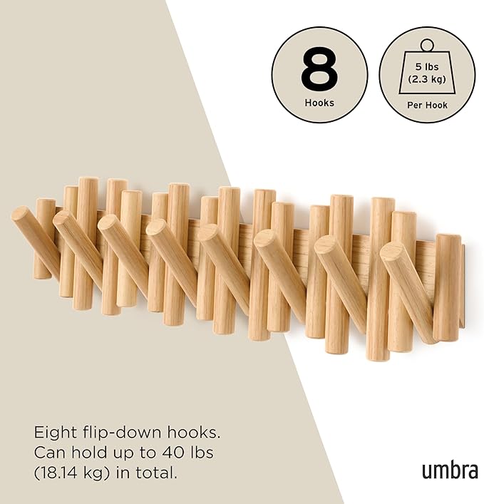 Umbra Picket Coat Rack with 8 Hooks – Natural Wall-Mounted Coat Rack with Flip-Down Wooden Hooks, Real Pine Wood Decorative Wall Storage for Jackets, Hats, Scarves, Bags, Entryway, Bedroom Living Room