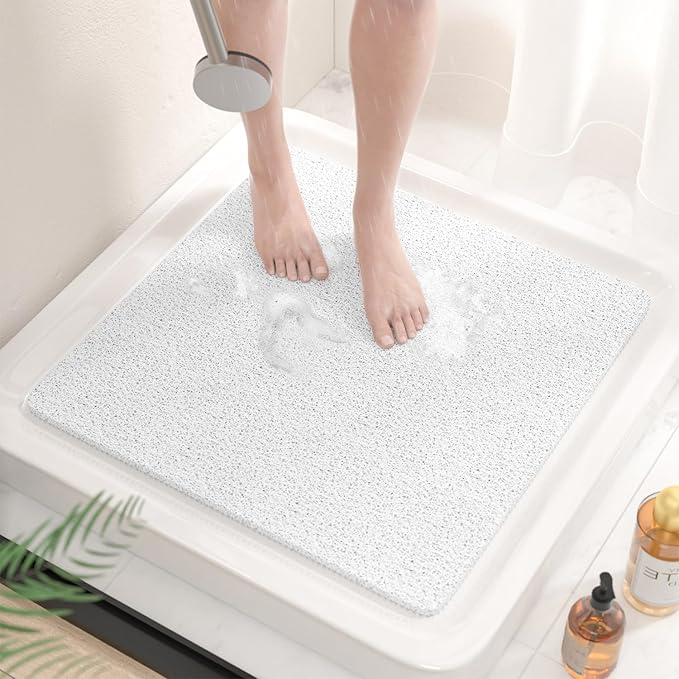 HITSLAM Square Shower Stall Mat, 21 x 21 Inch Non Slip Bath Mat for Tub, Soft PVC Loofah Bathtub Mats, Quick Drying Bathroom Shower Mat Anti Slip, Soft on Feet, White