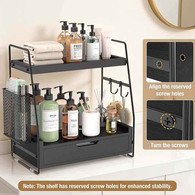 2-Tier Bathroom Counter Organizer with Drawer and Removable Basket, Wood Vanity Countertop Storage for Perfume, Makeup, Skincare, Bathroom Counter Shelf, 13" x 7.9" x 14.5", Black