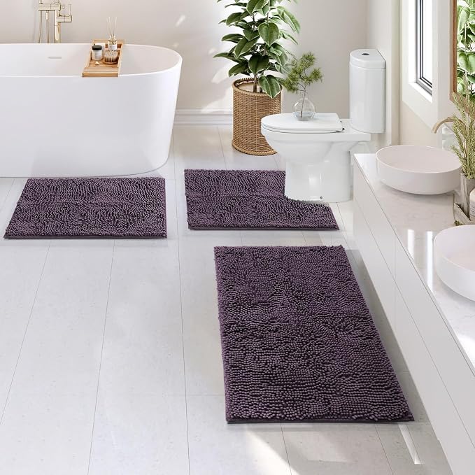Hearth & Harbor Bathroom Rugs, Chenille Bath Mat - Machine Washable Bath Mats for Bathroom Non-Slip Backing Rubber, Quick Dry Mat - Purple Bath Rug, 17x24-20x32-20x24