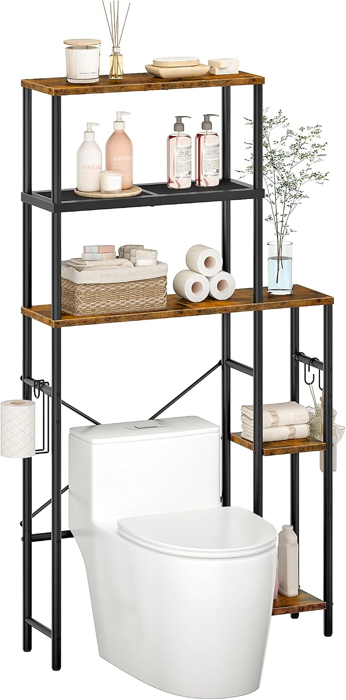 CHOEZON Over The Toilet Storage, 6-Tier Bathroom Organizer Shelf, Over-Toilet Storage Cabinet with Toilet Paper Hook, Space Saving, for Bathroom, Laundry, Entryway, Rustic Brown and Black TTS02BF