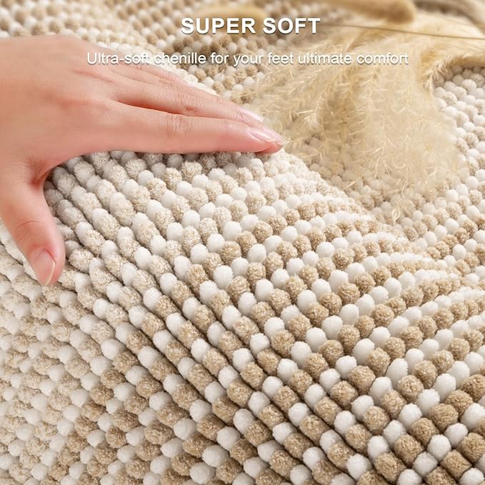 BSICPRO Bathroom Rugs and Mats Sets, 2 Piece Thick Absorbent Chenille Bath Mat Rug Set Non Slip, Soft Shaggy Bath Room Floor Mats for Bathroom, Machine Washable (Beige, 20" x 47" Plus 20" x 32")