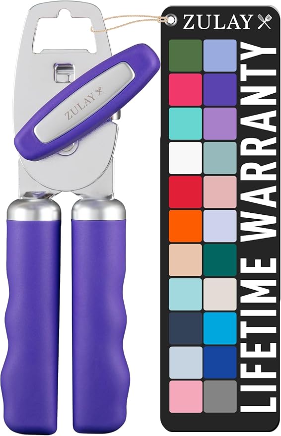 Zulay Kitchen Heavy Duty Stainless Steel Can Opener Manual with Bottle Opener - Rust Proof Manual Can Opener With Turn Knob & Comfy Soft Grip Handles - Purple