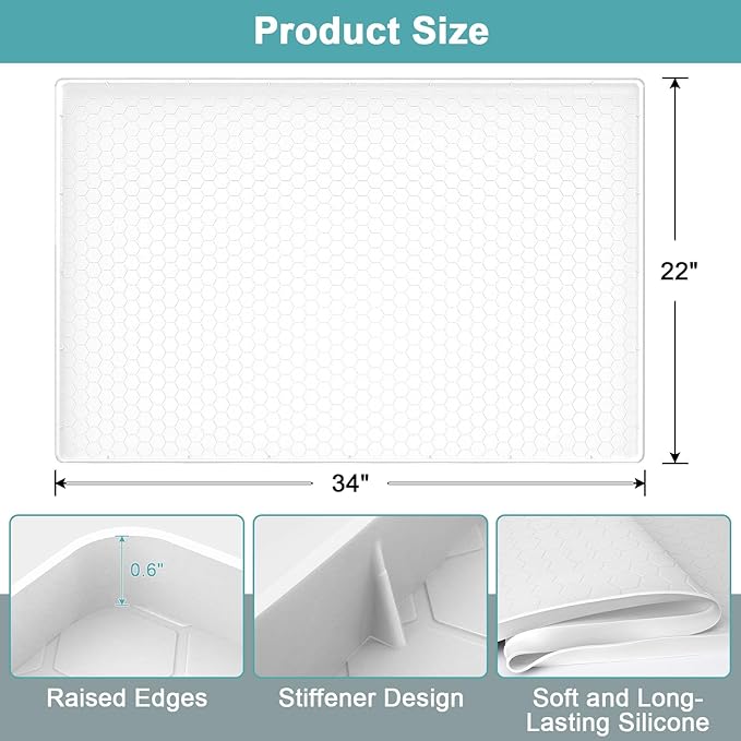 Under Sink Mats for Kitchen Waterproof, Silicone Under Kitchen Sink Mat and Protector for 34" x 22" Cabinets, Under Sink Organizer Tray, Shelf Liner Cabinet Liner for Bathroom, White