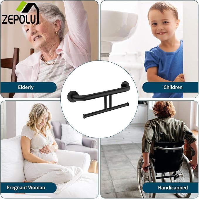 Black Handicap Grab Bar w/Toilet Paper Roll Holder, Zepolu 2-in-1 Safety Assist Bar Balanced Support Handle 17 Inch, Stainless Steel Wall Mounted Bathroom Toilet Grab Bar for Senior Elderly Disabled