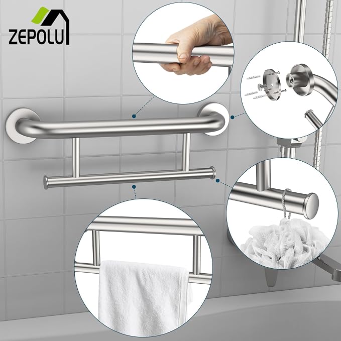Brushed Nickel Towel Rack Grab Bar Combo, Zepolu Stainless Steel Safety Balanced Assist Support Handle 17 Inch, 2-in-1 Handicap Towel Bar, Wall Mounted Towel Holder for Senior Elderly Disabled