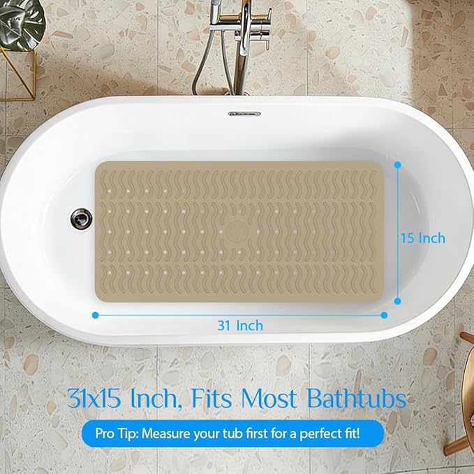 Non Slip Bathtub Mat & Shower Mat, 31x15'' Anti Slip Bath Mat for Tub, Soft TPE Anti-Skid Bathroom Mat with 194 Suction Cups & Drain Holes, Wave-Textured Grip, Machine Washable,Brown