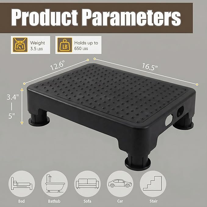 CHIKILLA Adjustable Step Stool for High Beds and Cars, 650lbs Heavy Duty Bed Step for Elderly, Non-Slip Mobility Platform for Bathtub, Kitchen, SUV, 4 Height Levels 3.4-5" Portable Stair Assist, Black