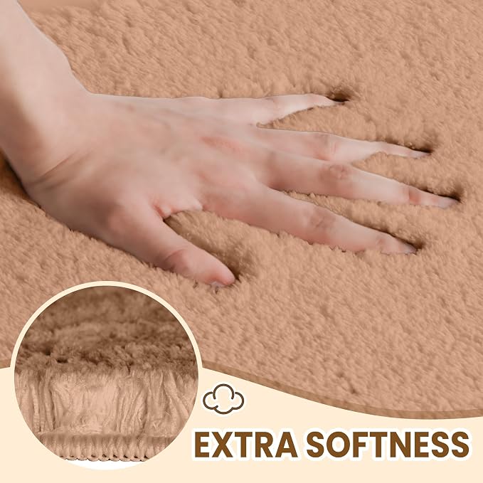 TECHMILLY Fluffy Bathroom Rug Mat 24x17, Absorbent Thick Non Slip Microfiber Mats, Quick Dry Machine Washable Bath Rug for Bathroom Floor, Bathtub and Shower, Beige