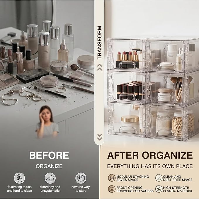 Plastic Stackable Drawers 8 Pack, 7in Bathroom Organizers and Storage Boxes Simply Assembled Containers Bins Suitable for Cosmetics, Kitchen, Cabinets, Snack