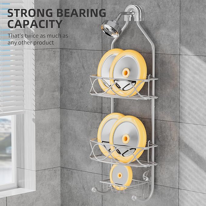 GAOKASE Shower Caddy Hanging 3 Tier with Two Movable Baskets, Grey Shower Caddy with Hooks for Towels, Sponge and More