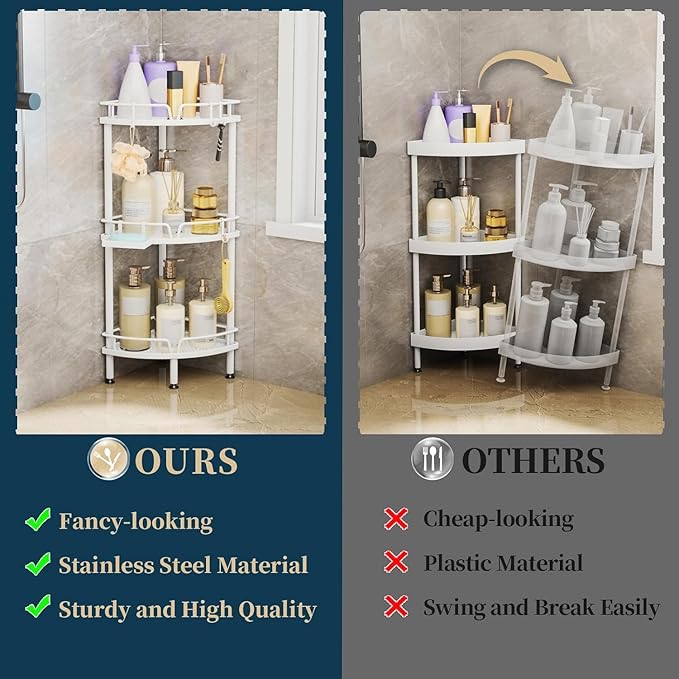 Consumest Corner Shower Caddy Standing - 3 Tier Shower Organizer with Soap Holder, Tall Floor Storage Rack with Adjustable Feet & 4 Hooks, Bathroom Corner Shelf, White