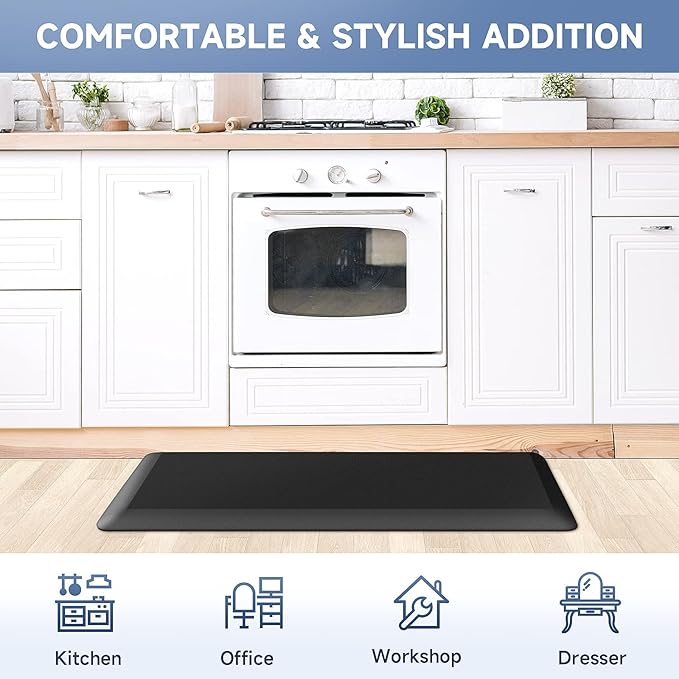 StepRite 4/5 Inch Thick Kitchen Mat Anti Fatigue Mat Kitchen Rugs Kitchen Decor Non-Slip, Stain Resistant, Water Resistant Kitchen Mats Desk Mat for Kitchen, Office, Workshop, Black, 17'' x 39''