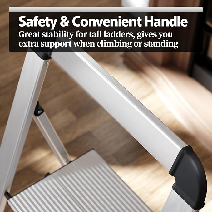 KINGRACK Aluminium 5 Step Ladder, Lightweight Step Stool with Non-Skid Pedals, Handrail, Foldable Step Ladder for Kitchen, Garage, Home, Space Saving, Sturdy and Portable, Silver