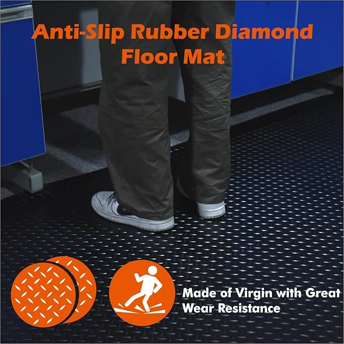 Anti-Slip Rubber Diamond Floor Mat - Durable, Non-Skid, Waterproof Floor Protection for Home, Gym, Garage, and Vehicles - 2.5 mm x 4 ft x 6 ft Rolls - Black (4x15 FT)