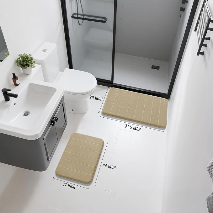 Yimobra Memory Foam Bathroom Rugs Sets 2 Piece - Super Soft Absorbent Quick Dry Bath Mat Set, Machine Washable Non Slip Floor Carpet for Tub Shower & Single Sink (17x24 & 31.5x20 Inch, Pale Khaki)
