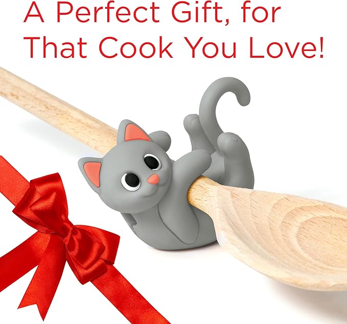 Gray Cat Spoon Rest for Stove Top – Silicone Pot Clip Utensil Holder & Lid Lifter – Funny Kitchen Gadget, Unique Grey Tabby Cat Gifts for Women – 3" x 2.5"