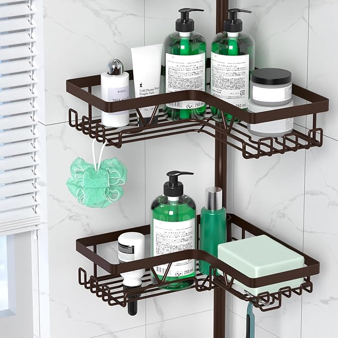 DAOYA Corner Shower Caddy Tension Pole - Adjustable 4-Tier Shower Shelf Stainless Steel Corner Tension Rod Bathroom Organizer Shampoo Holder with Soap Holders & Hooks for Bath, Tub, Floor Space Saving