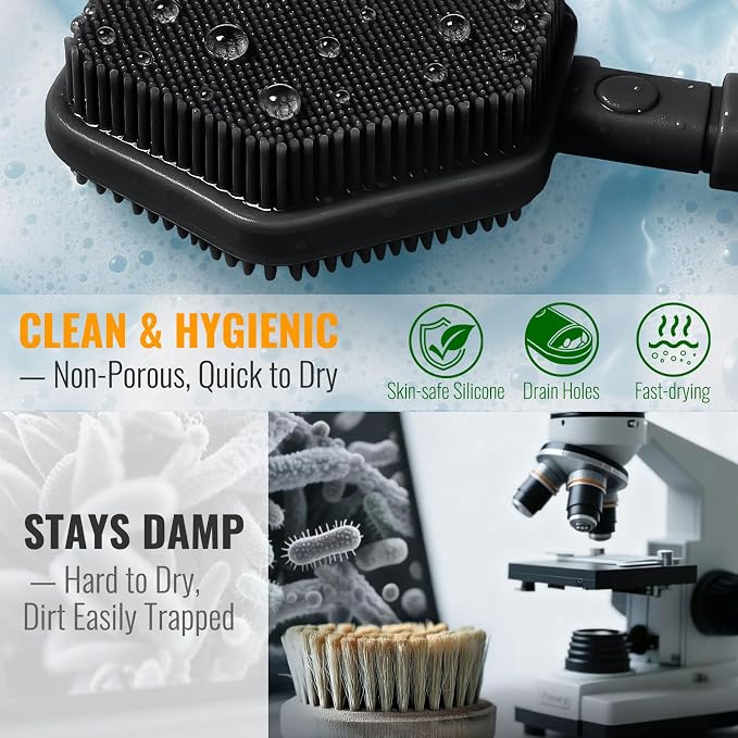 AIMAIAIMAI Silicone Back Scrubber for Shower – 21in Extendable Shower Brush with Long Handle – Dual-Sided Back Brush with Non-Slip Grip, Gentle Cleansing & Exfoliation for Men, Women, Elderly (Black)