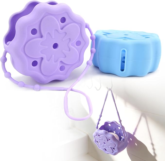 2 Packs Shower Steamer Tray, Silicone Soap Dish Holder, Hangable and Reusable Shower Steamer Holder/Hanger, Bath Bombs Shower Accessory, Aromatherapy Diffuser Containers, Purple and Blue