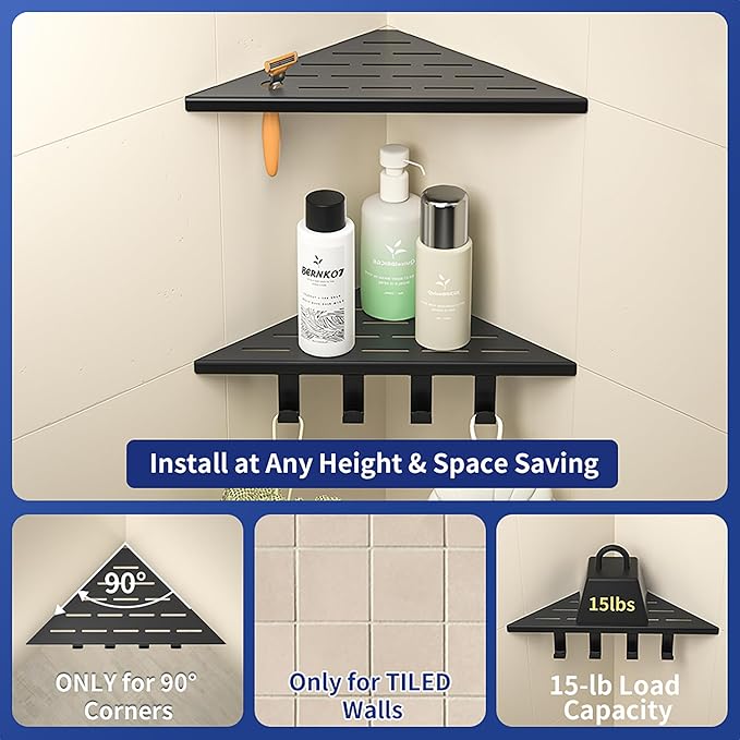 Corner Shower Shelf w/Hooks, Grout in Bathroom Shelves for Tiled Wall, 304 Stainless Steel Recessed Shower Shelf (Matte Black, 10''-2pcs)
