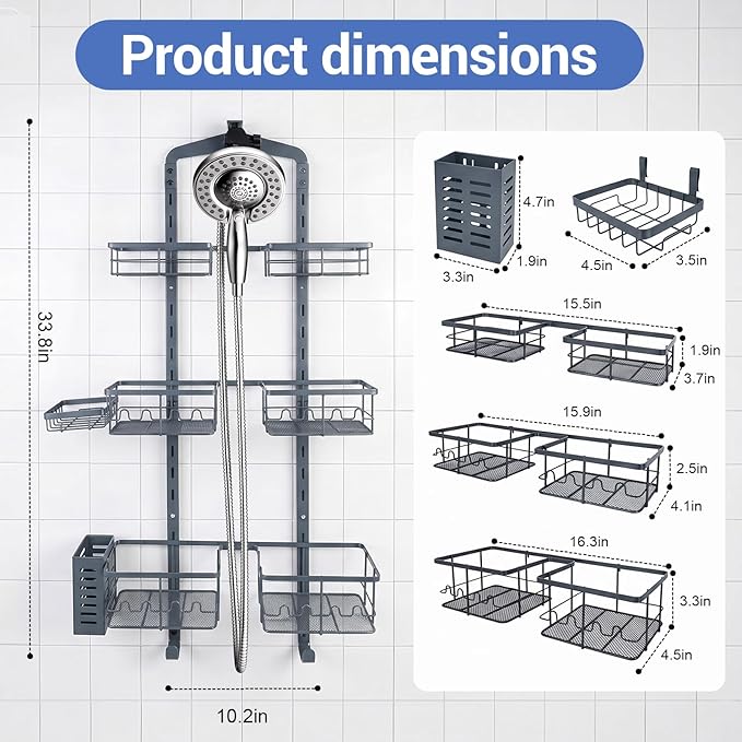 Extra Large Shower Caddy Hanging, Rust-Resistant Shower Organizer Hanging,3 Tier Height-Adjustable Over the Head Caddy,Rack with Soap Basket (Gray)