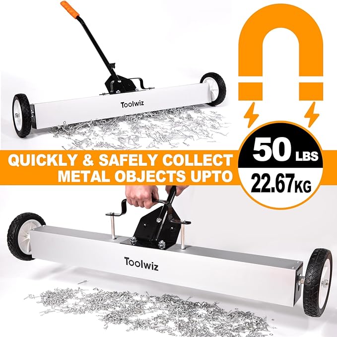 Toolwiz 36'' Magnetic Sweeper with Wheels, 50 Lbs Capacity Rolling Magnetic Floor Sweeper with Telescoping Holder and Quick Release Latch Industrial Heavy Duty Metal Pick Up 36 Inches