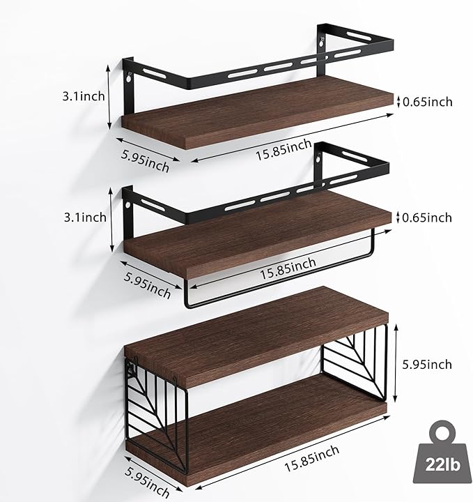 Fixwal Wall Mounted Bathroom Shelves Over Toilet, Rustic Wood Floating Shelves with Metal Frame and Towel Bar for Bathroom, Kitchen, Bedroom, Living Room (3 Plus 1 Dark Brown)