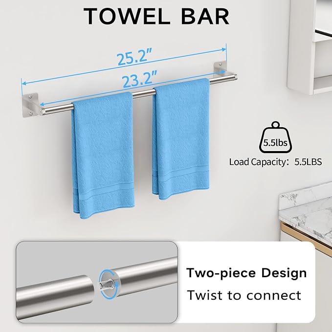 KLJKPA 8 Pieces Bathroom Hardware Set, 24 inch Towel Bar, Brushed Nickel Bathroom Accessories Set, Towel Racks for Bathroom, Robe Towel Hooks, Toilet Paper Holder Wall Mounted