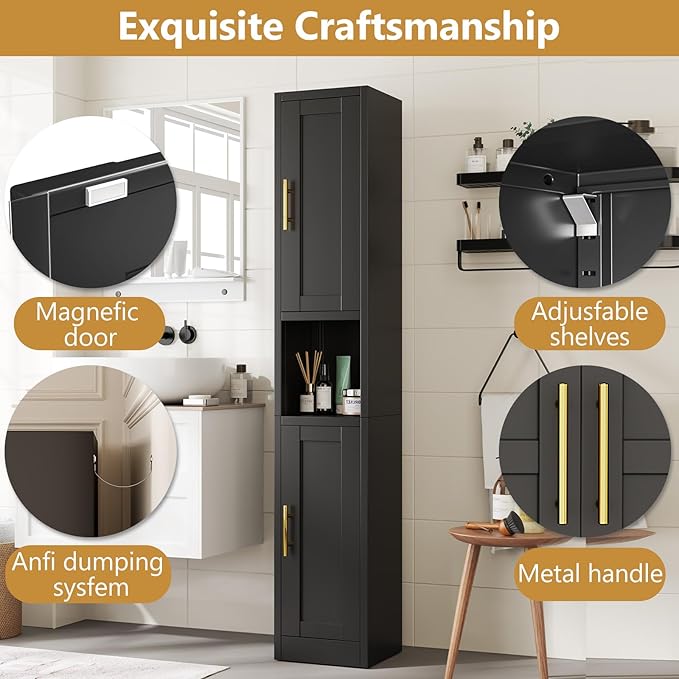 Metal Tall Narrow Storage Cabinet,67" H Freestanding Floor Cabinet with 2 Doors and 4 Adjustable Shelves,Pantry Storage Cabinets for Bathroom,Living Room,Entryway and Kitchen(Black)