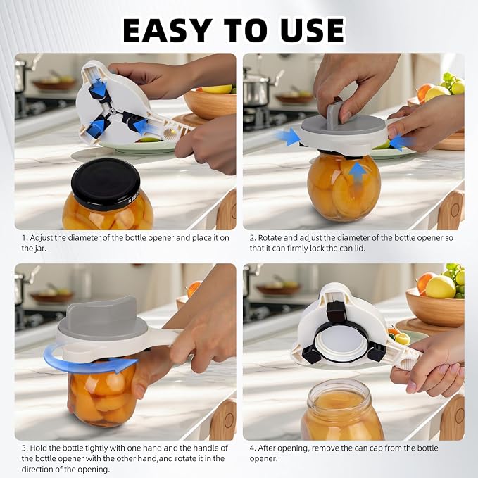 4 in 1 Multi-Purpose Jar Opener,Adjustable Three Claw Bottle Opener with Non Slip Teeth,Multi Size Lid Tool for Jars Cans Wine Bottles, Opening a Stubborn Lid